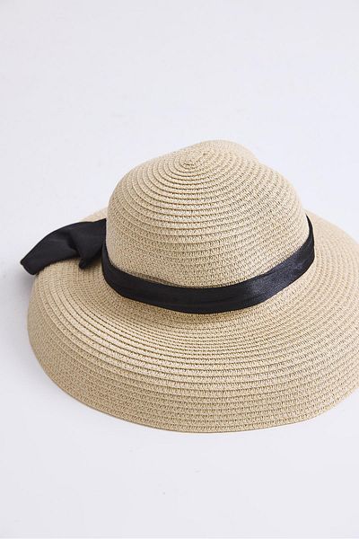 Raneel Kazançlı Alışveriş Bow Detailed Women's Straw Beach Pool Hat Beige
