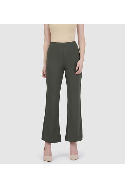 Go Colors Women's Cotton Olive Ponte Flared Pant