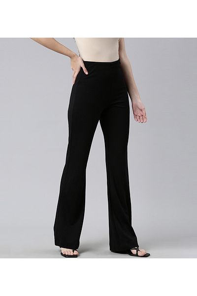 Go Colors Women's Solid Black High Rise Ponte Bell Bottoms