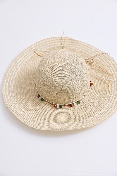 Raneel Kazançlı Alışveriş Bow Detailed Striped Straw Beach Pool Hat Beige