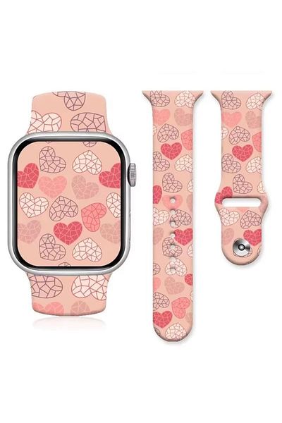 REDz Accessories Hearts Strap for Apple Watch, Cartoon Print, Sport and Adjustable, Silicone, Pink - 44/45/46/49 mm