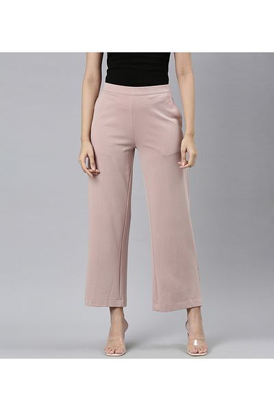 Go Colors Women's Solid Baby Pink Ponte Wide Leg Pants