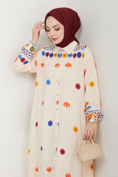 InStyle Gathered Floral Patterned Stone Viscose Dress