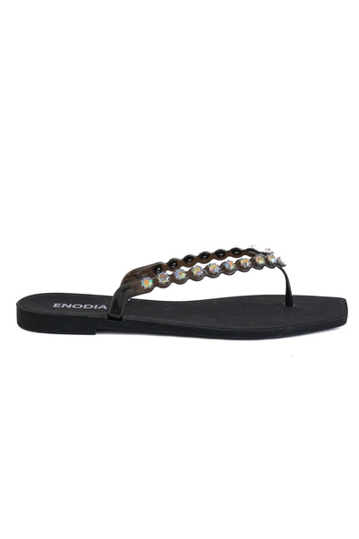 Enodia J-9002-1 MONTE SİYAH JELLY PARMAK ARASI TAŞLI SANDALET