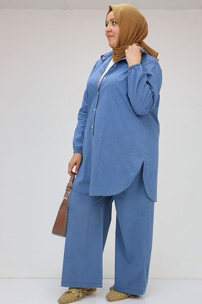 Eslina 57033 Large Size Honeycomb Jeans Suit with Elastic Sleeves - Blue