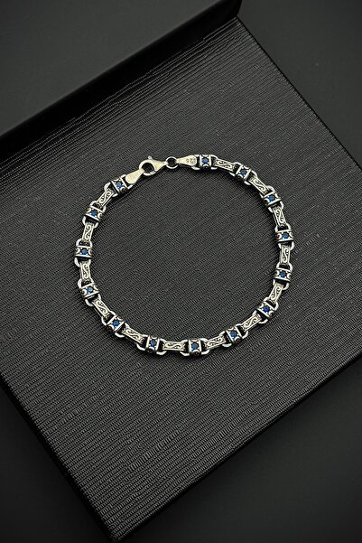 FRNCH 925 Ayar Gümüş İtalyan Model Lacivert Zirkon Taşlı Gümüş Renk Erkek Bil...