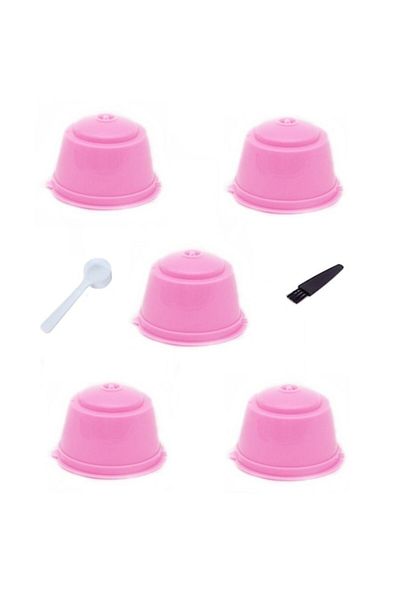 motor starter Set of 5 coffee capsules, reusable, refillable, Dolce Gusto compatible, pink, with brush and spoon