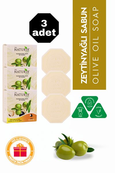 Naturix Olive Oil Stone Soap 3 Pack Eco Pack Moisturizing and Repairing Dry Skin Care - 3X125 Gr