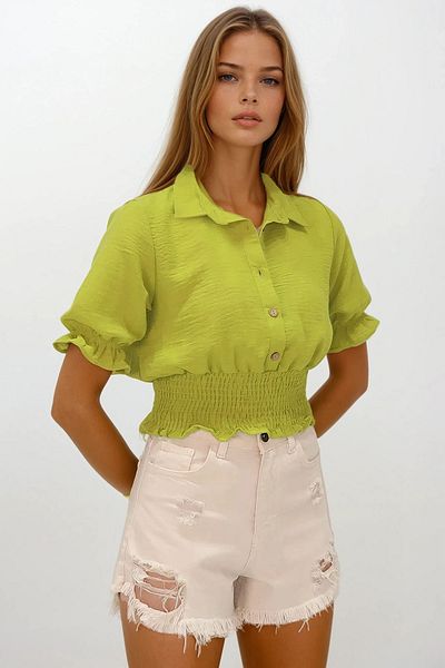 VAGGON Women's Oil Green Elastic Waist Button Closure Shirt Collar Blouse Vs00184