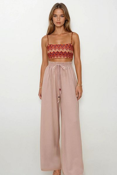 VAGGON Women's Beige Double Pocket Elastic Waist Tie Palazzo Trousers Vs00185