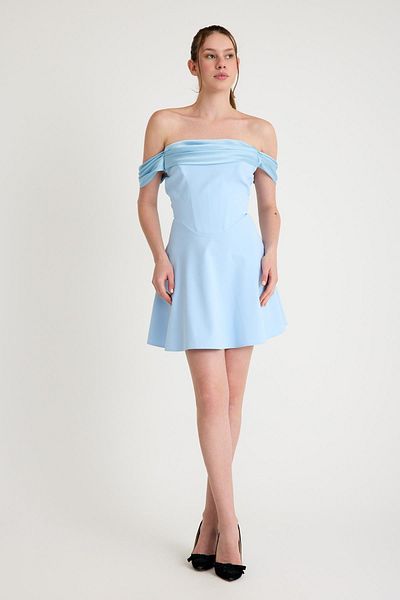 SpringStore Rochie de seară scurtă cu guler Madonna cu drapaj albastru