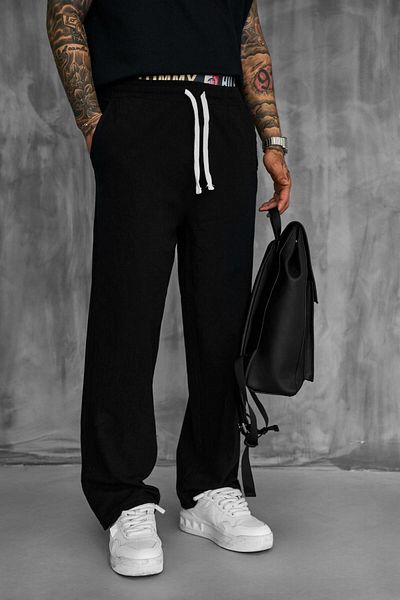 ablukaonline Men's Baggy Fit Linen Look Trousers Black