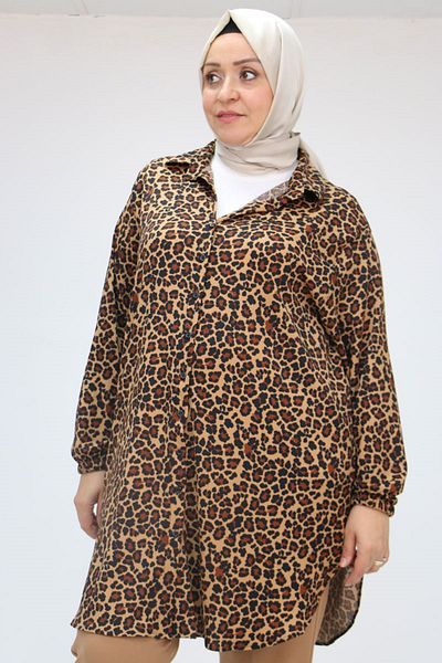Eslina 58031 Large Size Men's Collared Patterned Wrinkled Shirt Tunic - Black-Leopard