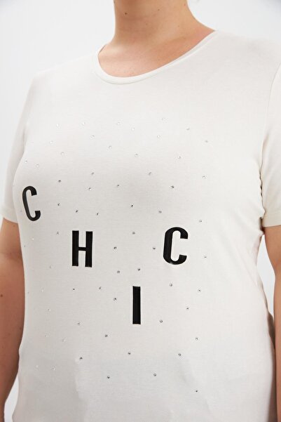 RMG Large Size Stone Detail Printed T-Shirt Ecru