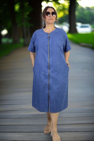 yagmurberen Front to Back Zippered Stone Embroidered Pocket Short Sleeve Large Size Jean Denim Dress