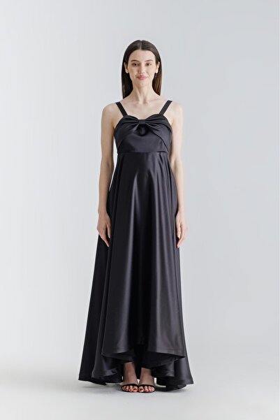 Desen Hamile Giyim Siyah Parlak Saten Uzun Hamile Abiye Elbise