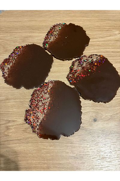 Pelince Epoxy Resin Coasters - Set of 4 - Brown with Glitter - Diameter: 12 cm