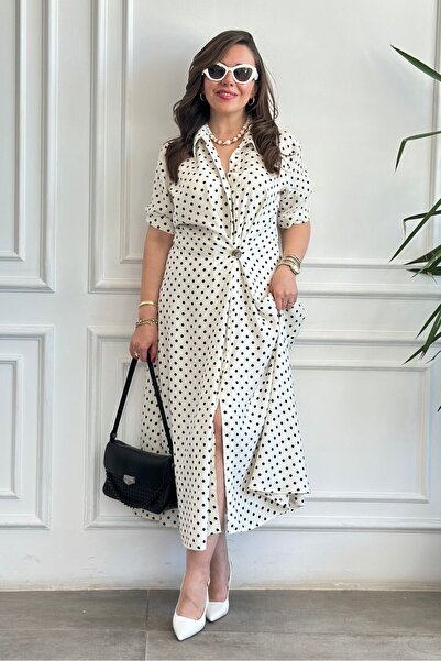 Yağmur Butik Önden Düğme Detaylı Puantiyeli Elbise