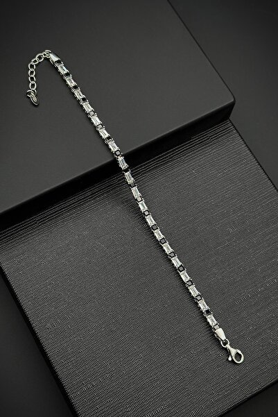 FRNCH 925 Ayar Gümüş Zirkon Taşlı Siyah-Beyaz Renk Tennis Erkek Bileklik FRJ1...