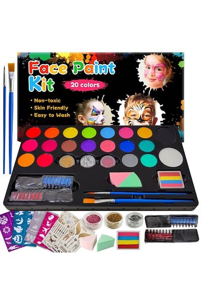 H&B Professional Face and Body Painting Set, 20 Colors, Non-toxic, 2 Brushes, 40 Reusable Stencils, 3 Gl