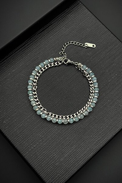 FRNCH 316L Çelik ve Aqua Marine Doğal Taşlı Mavi Renk Erkek Bileklik FRJ12527...