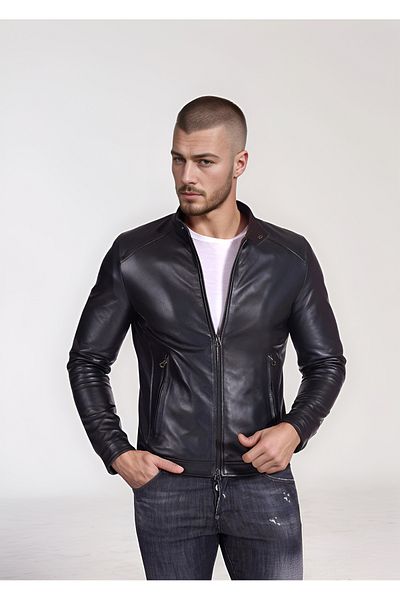 By Marki Marki Men's Black Genuine Leather Jacket – Judge Collar, Zippered, Lined, 67 cm - 502622