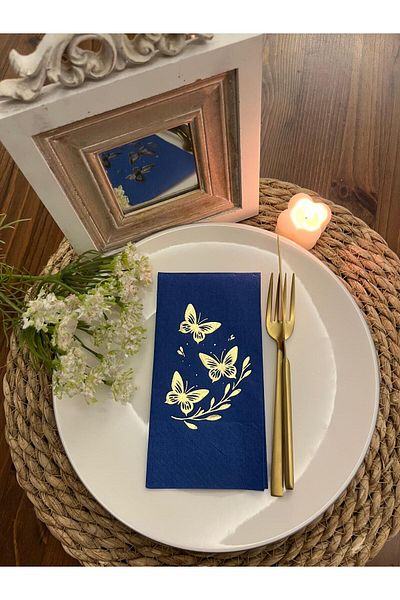 kidspartim Gold Gilded Basement Blue Butterfly Leaf Detailed Napkin 16 Pieces