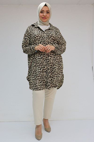 Eslina 58031 Large Size Men's Collar Patterned Wrinkle Shirt Tunic - Mink-Beige