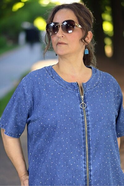 yagmurberen Front to Back Zippered Stone Embroidered Pocket Short Sleeve Large Size Jean Denim Dress