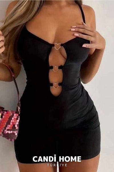 HOBİ CONDİ New Premium Special Series Trend Design Model Black Color Low-Cut Heart Detailed Mini Club Evening Dress