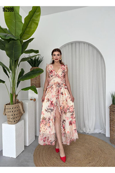 Modayakamoz Kadın Şifon Kumaş Çiçek Desenli Sırt Ve göğüs Dekolteli Yırtmaç D...