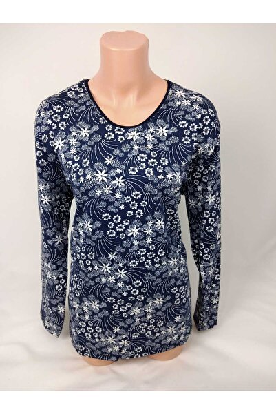 YAŞAR TRİKO Women's Navy Blue White U Neck Long Sleeve Patterned Slit Woven V...