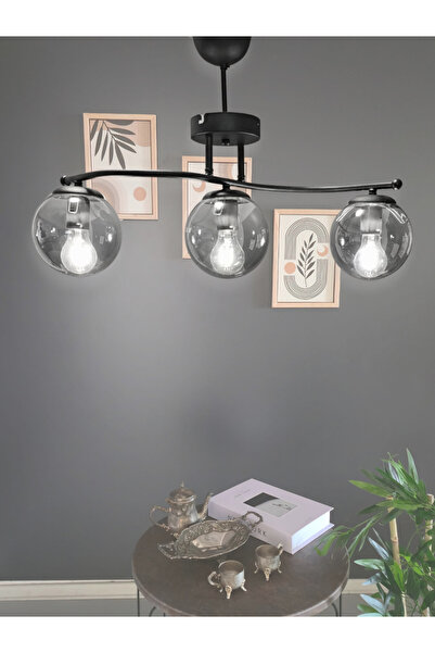 Luzarana Galaksi Modern Tasarım Siyah 3'li Füme Camlı Metal Gövde Avize | Salon, Yatak Odası ve Mutfak İçin