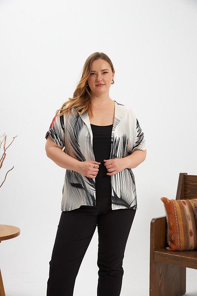 RMG Contrast Patterned Belted Plus Size Kimono Blouse Black
