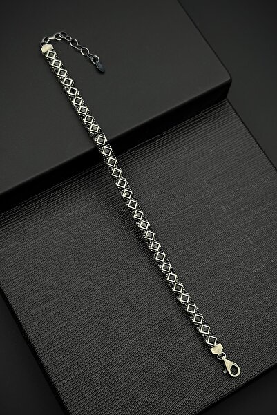 FRNCH 925 Ayar Gümüş İtalyan Model Siyah Zirkon Taşlı Gümüş Renk Erkek Bilekl...