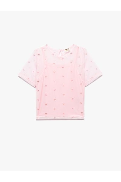 Koton Crew Neck Bow Printed Short Sleeve Crop Blouse