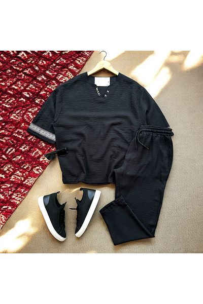 tiggirmoda Oversize Low Sleeve Linen T-Shirt and Baggy Pants Combination