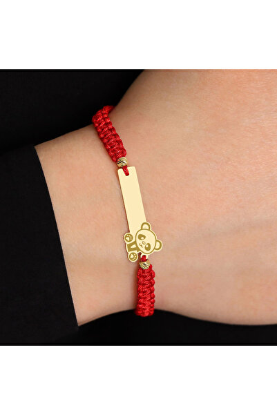 MOHI Fine Jewellery Bratara snur reglabil cu pandant in forma de placuta cu ursulet, aur 14k, grosime 0.5 mm