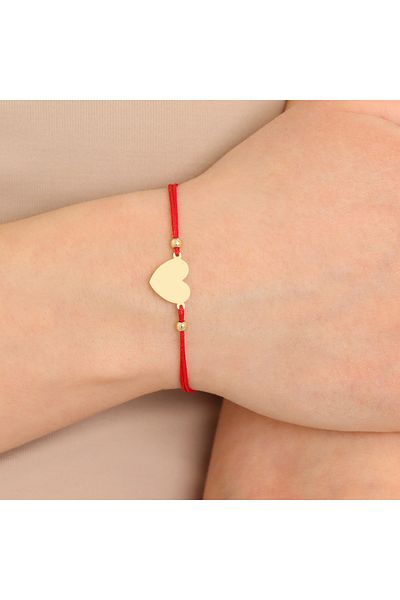 MOHI Fine Jewellery 14k gold adjustable cord bracelet, with heart-shaped pendant and gold balls on the side