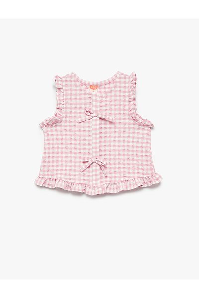 Koton Crew Neck Sleeveless Bowknot Gingham Blouse