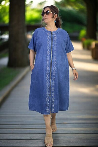 yagmurberen Front to Back Zippered Stone Decorated Pocket Short Sleeve Large Size Jean Denim Dress