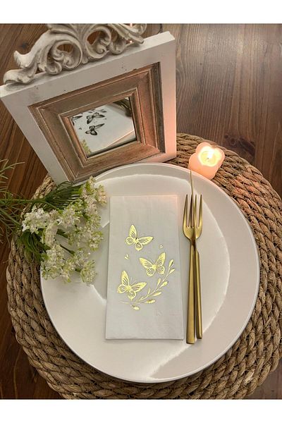kidspartim Gold Gilded White Butterfly Leaf Detailed Napkin 16 Pieces