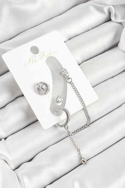 STİLLOVE Brass Ring Figured Zircon Stone Silver Color 3-Piece Cartilage Women's Earring Set Sl12123