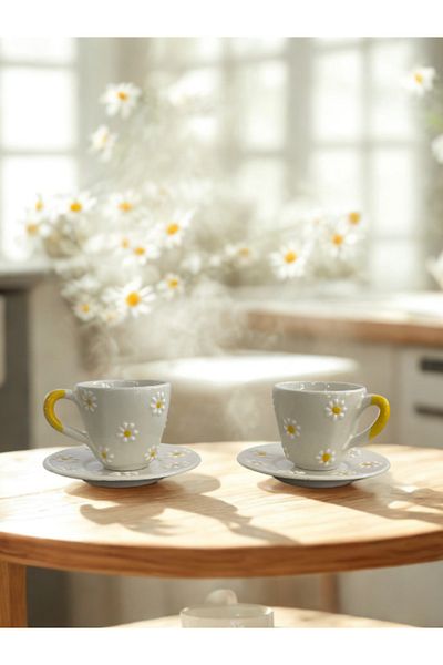 RGS ÇİNİ Rgs Homelife Handmade Yellow Daisy Patterned Double Cup Set
