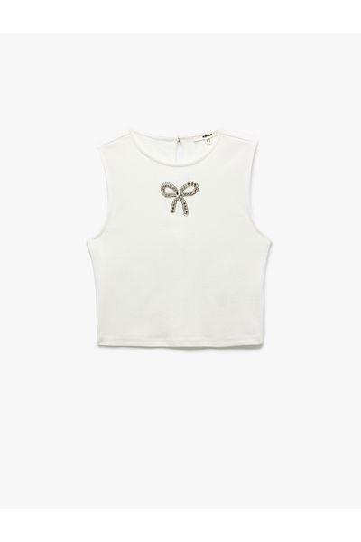 Koton Cotton Slim Fit Sleeveless Crew Neck Bow Detail Rhinestone Blouse
