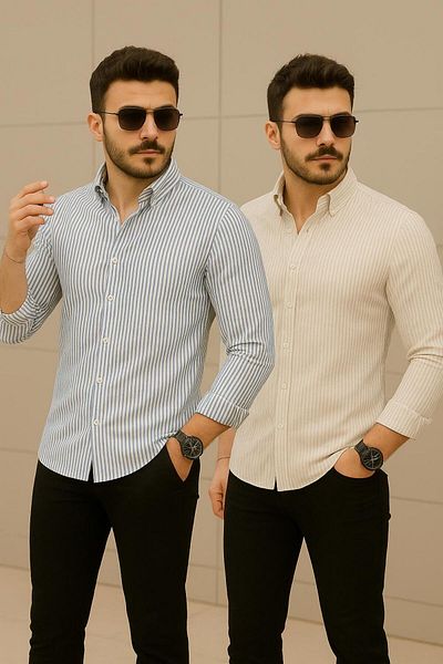 LC Waikiki 2-Piece Linen Striped Slim Fit Stylish Premium Quality Button Cotton Men's Shirt Classic and Sports Wear
