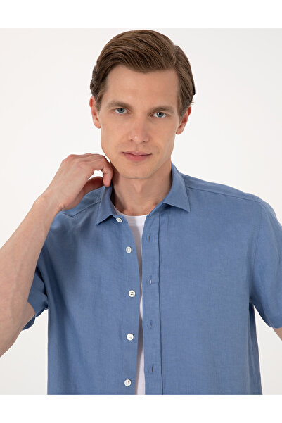 Pierre Cardin Mavi %100 Keten Regular Fit Kısa Kollu Gömlek 50305680-VR036