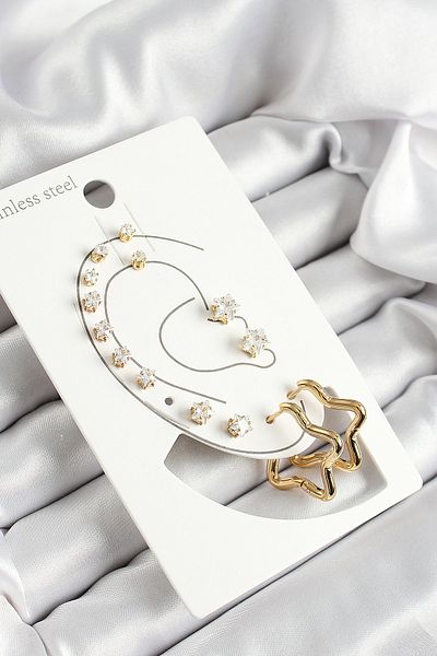 STİLLOVE 316L Steel Star Figured and Zircon Stone Gold Color 7-Piece Double Women's Earring Set Sl12101