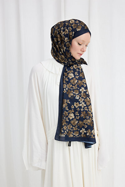 cs camellia scarf Şal moale cu model Blom - Albastru închis-maro