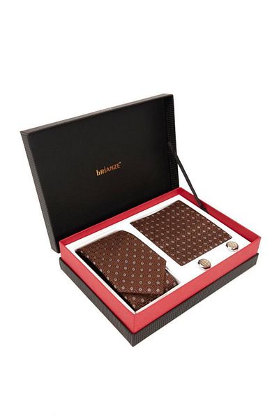 Brianze Coffee Patterned Tie, Handkerchief and Cufflink Gift Set.Jpg